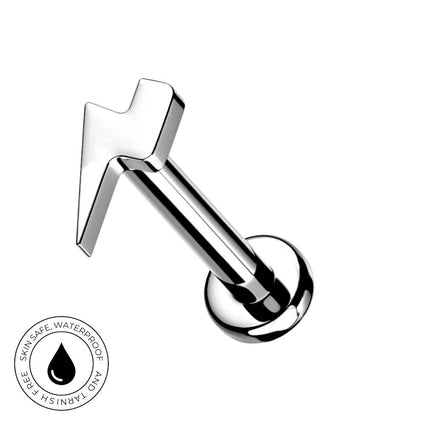 A polished chrome barbell piercing stud with a flat-back wedge design, shown on a plain white background with a circular 'Skin Safe Waterproof' badge in the bottom-left corner.
