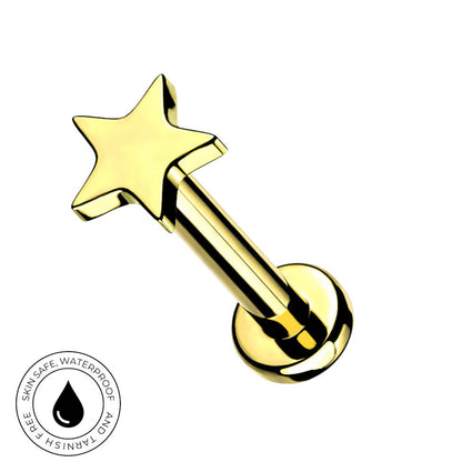 A gold-plated star-shaped labret piercing barbell with a circular flat-back post and ball, shown on a plain white background with a circular 'Skin Safe Waterproof' badge in the bottom-left corner.