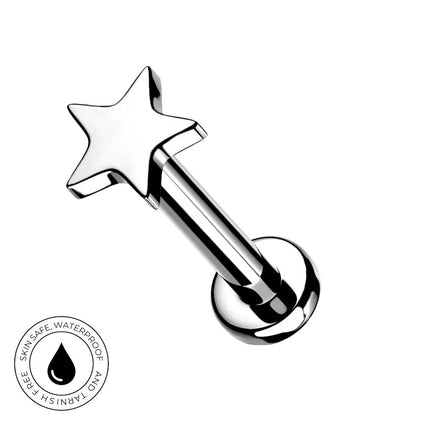 A polished stainless steel star-shaped labret piercing barbell with a spherical ball end, shown on a plain white background with a circular 'Skin Safe Waterproof' badge in the bottom-left corner.