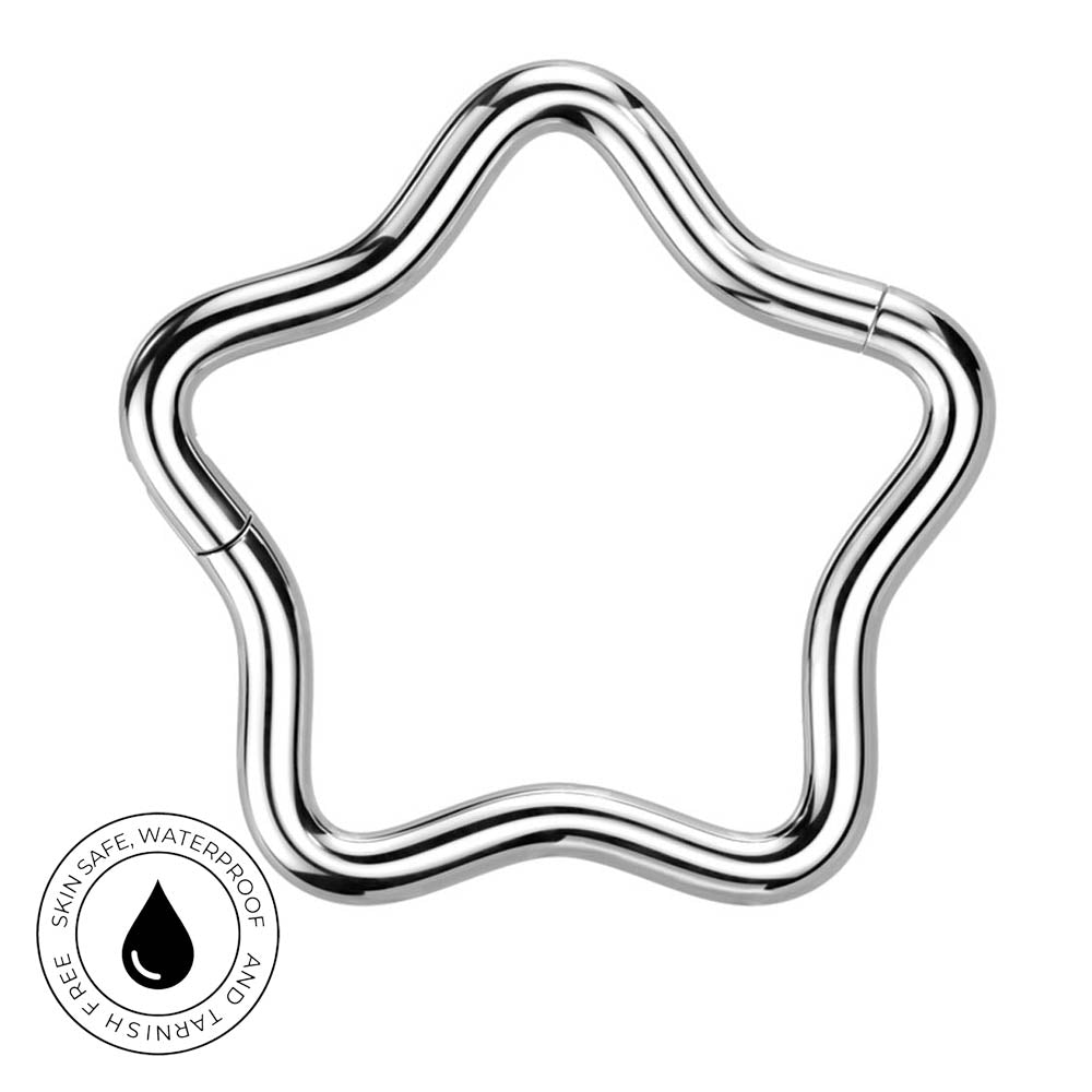 A polished stainless steel star-shaped ring clasp on a white background, featuring a circular 'Skin Safe Waterproof' certification badge in the bottom-left corner.