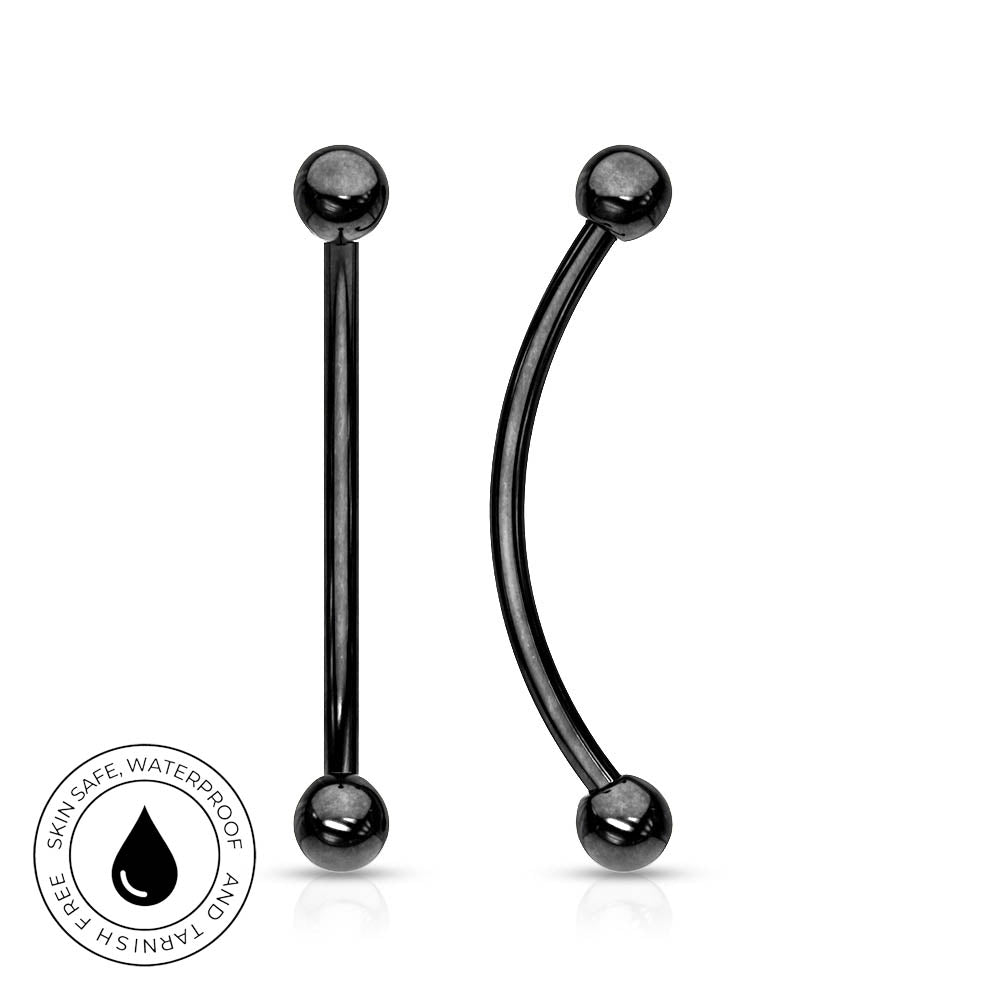 Two black curved barbell piercings shown on a white background, one straight and one curved, with a circular 'Skin Safe Waterproof' badge in the lower left corner.