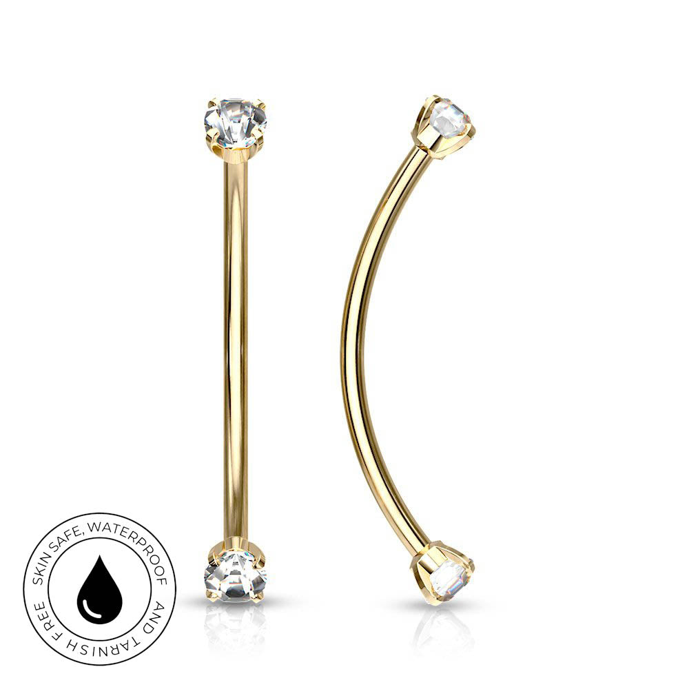 Two gold-plated curved barbell nose studs with clear gemstones, shown on a white background with a circular 'Skin Safe Waterproof' badge in the lower-left corner.