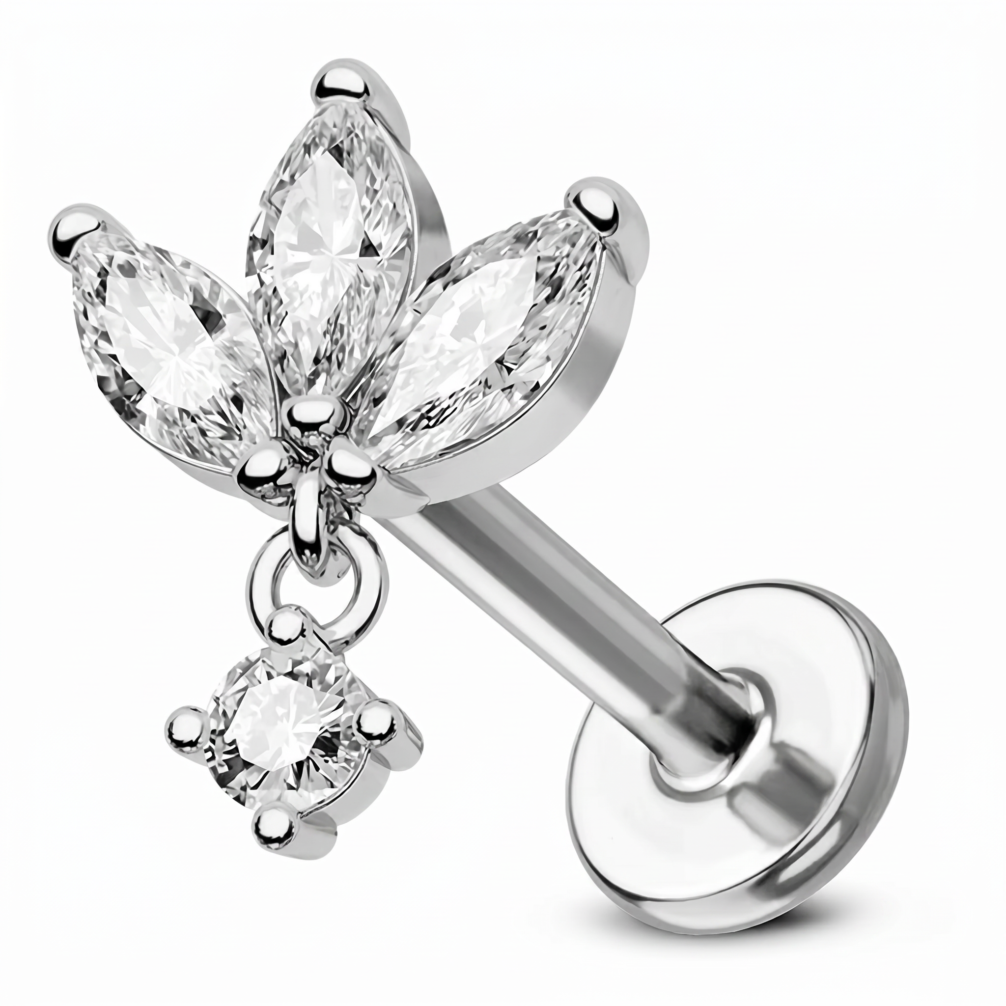 A silver-toned flat-back labret piercing stud featuring a dangling flower charm with marquise-cut clear crystals and a smaller round clear crystal, shown on a white background.