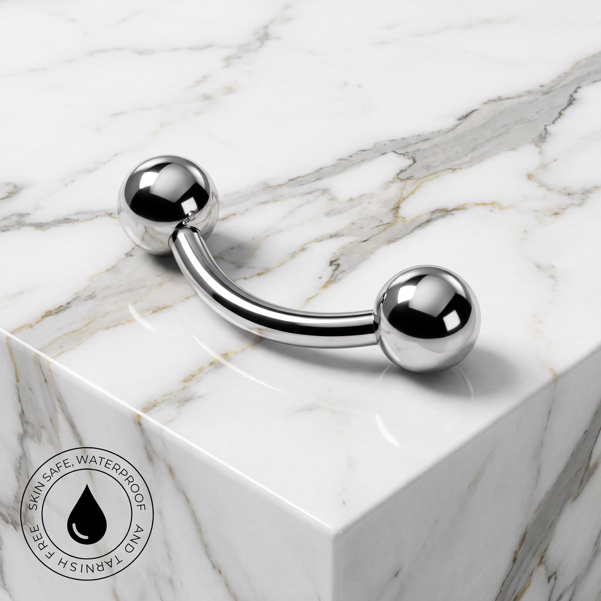 A curved barbell piercing jewelry piece with two polished silver ball ends, displayed on a white marble block. A circular 'SkinCafe Waterproof' logo is visible in the bottom-left corner.