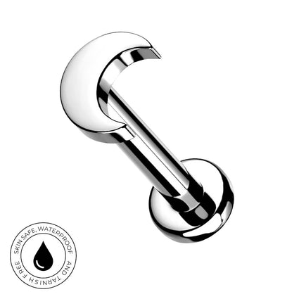 A polished chrome curved barbell stud piercing jewelry piece on a plain white background, with a circular 'Skin Safe Waterproof' certification badge in the bottom-left corner.