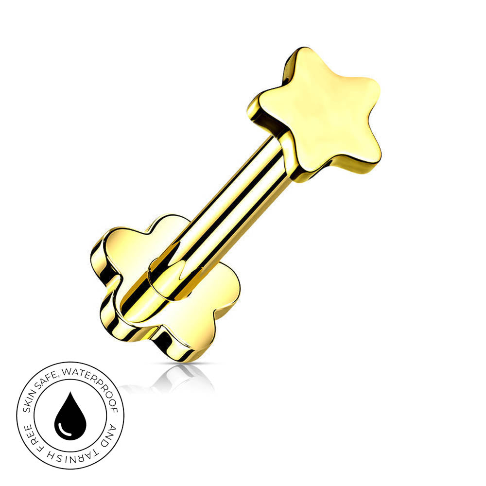 Gold-plated stainless steel barbell piercing stud with a star-shaped end and a flower-shaped end, shown on a white background with a circular 'Skin Safe Waterproof' badge in the bottom-left corner.