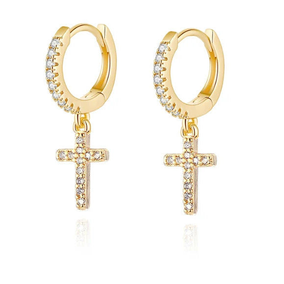 18 Gauge Dangling Crystal Cross Hoop Earrings