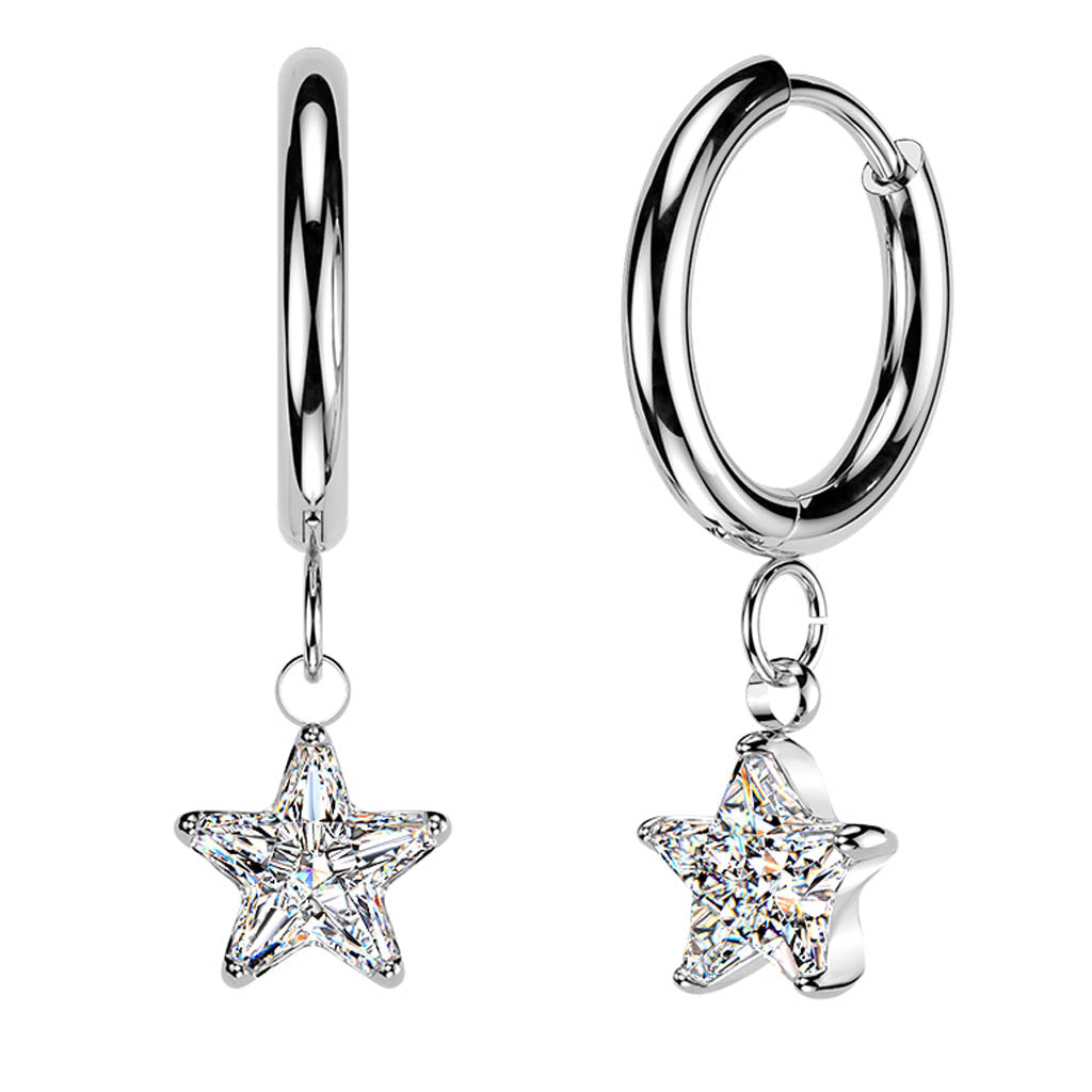 Hypoallergenic Crystal Star Hinged Hoop Earrings