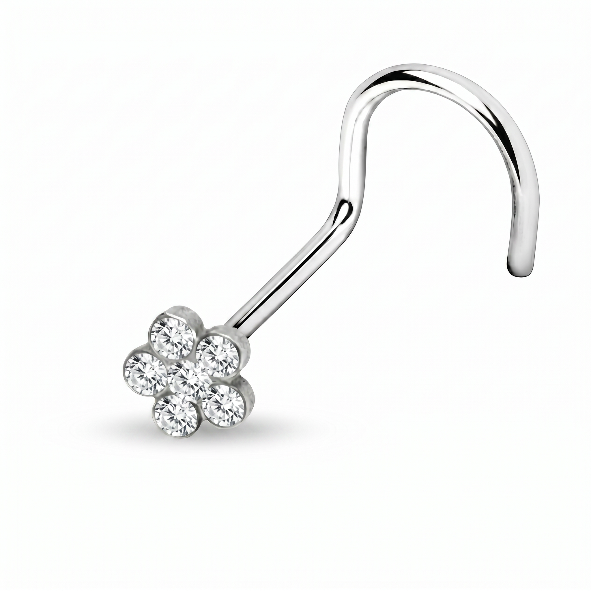 A silver-toned curved nose ring with a small flower-shaped cluster of clear gemstones at the end, shown on a plain white background.