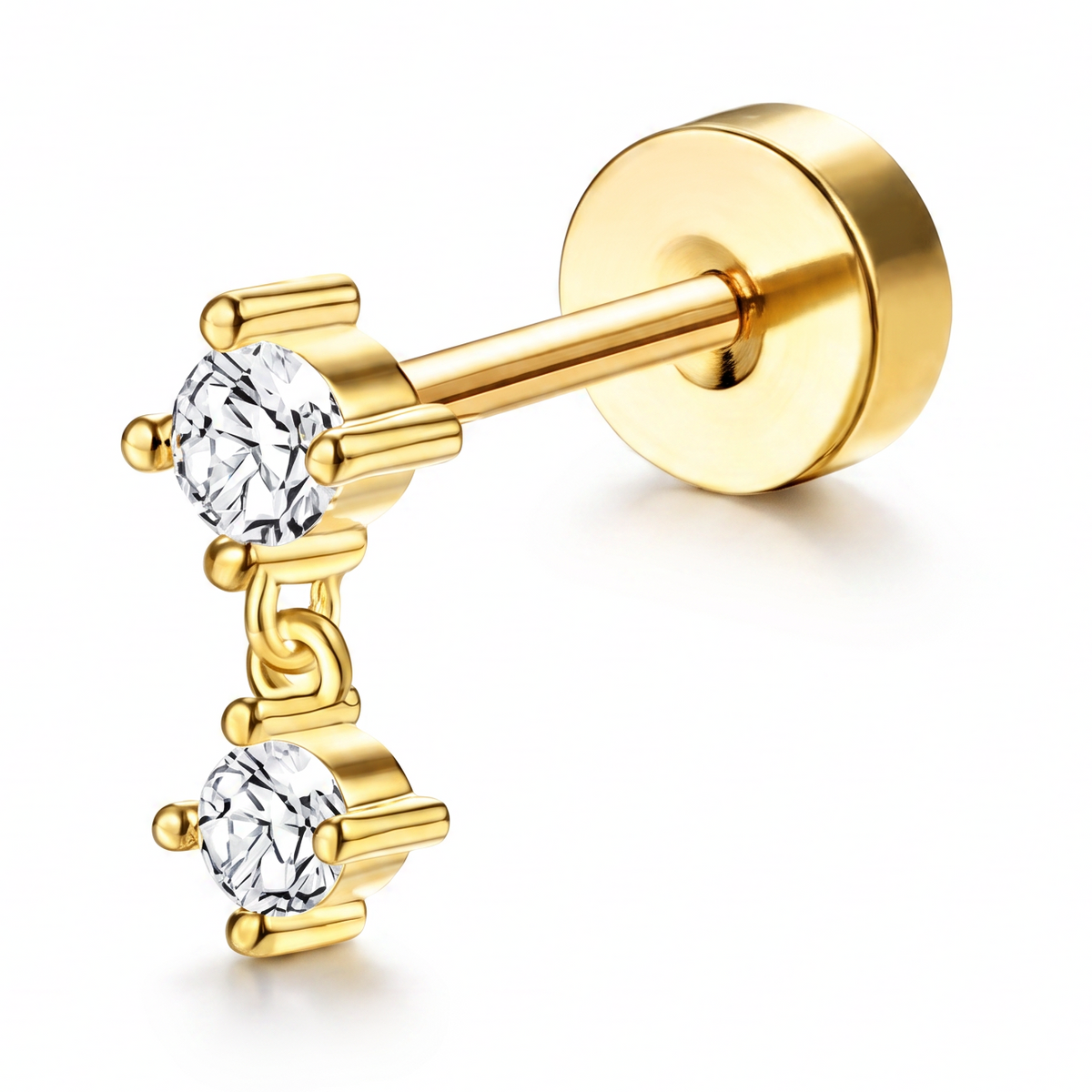 A gold-colored stud earring featuring two round clear gemstones in a vertical drop design, set against a clean white background.
