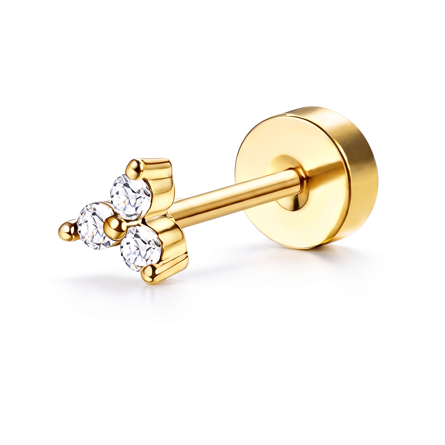 A gold-colored nose stud earring featuring three small clear gemstones clustered on the front, set on a polished bar with a round backing, shown on a clean white background.