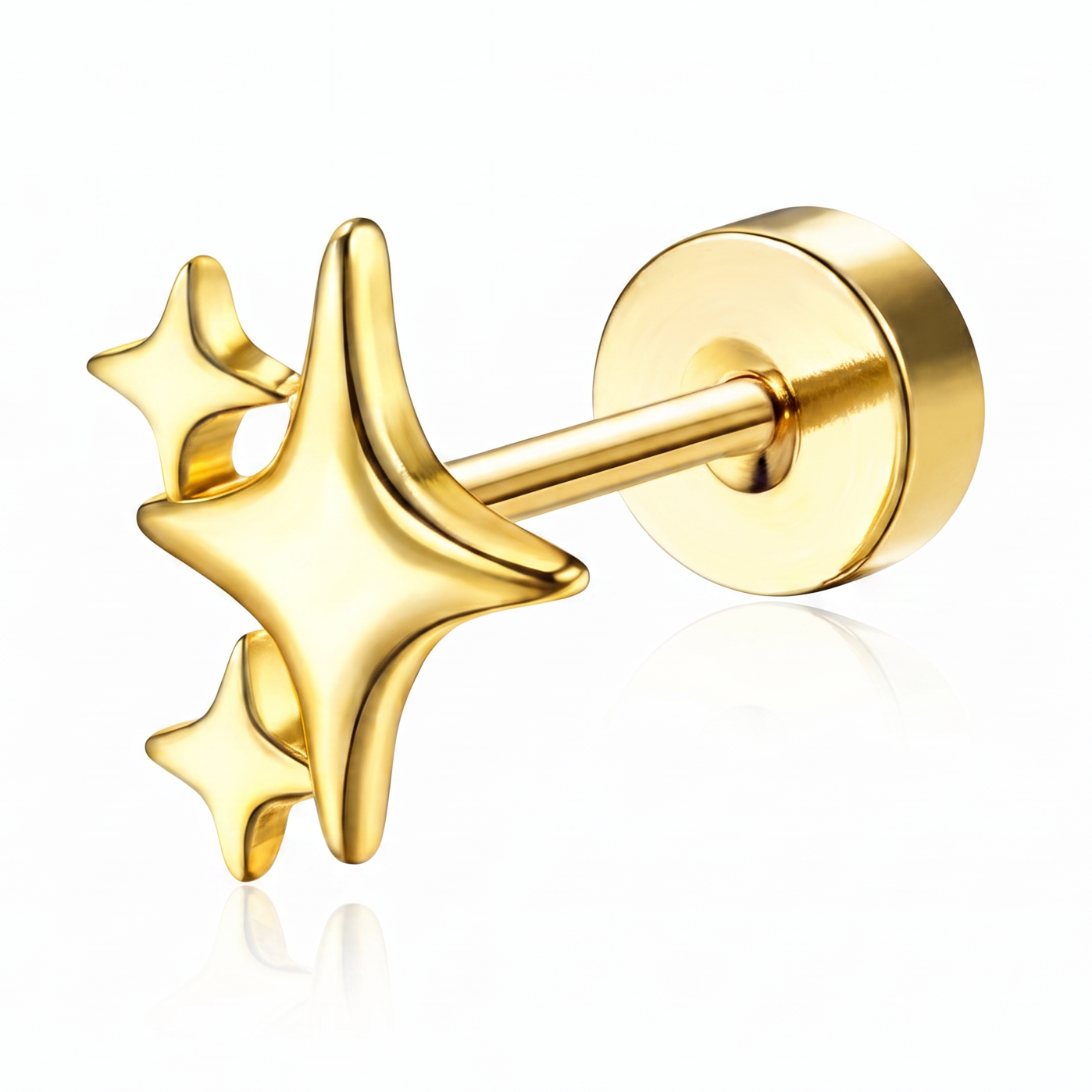 A gold-colored star stud earring with three dimensional star shapes and a round post, shown on a clean white background with a soft reflection.