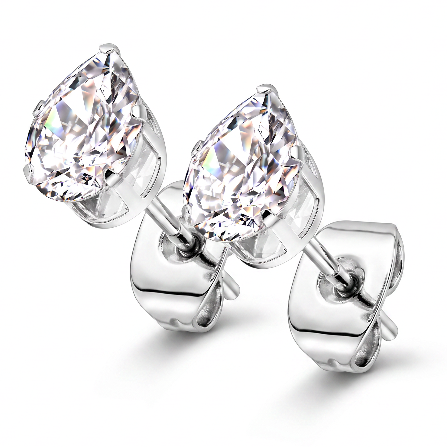 A pair of silver stud earrings with pear-cut clear gemstones, shown on a clean white background.
