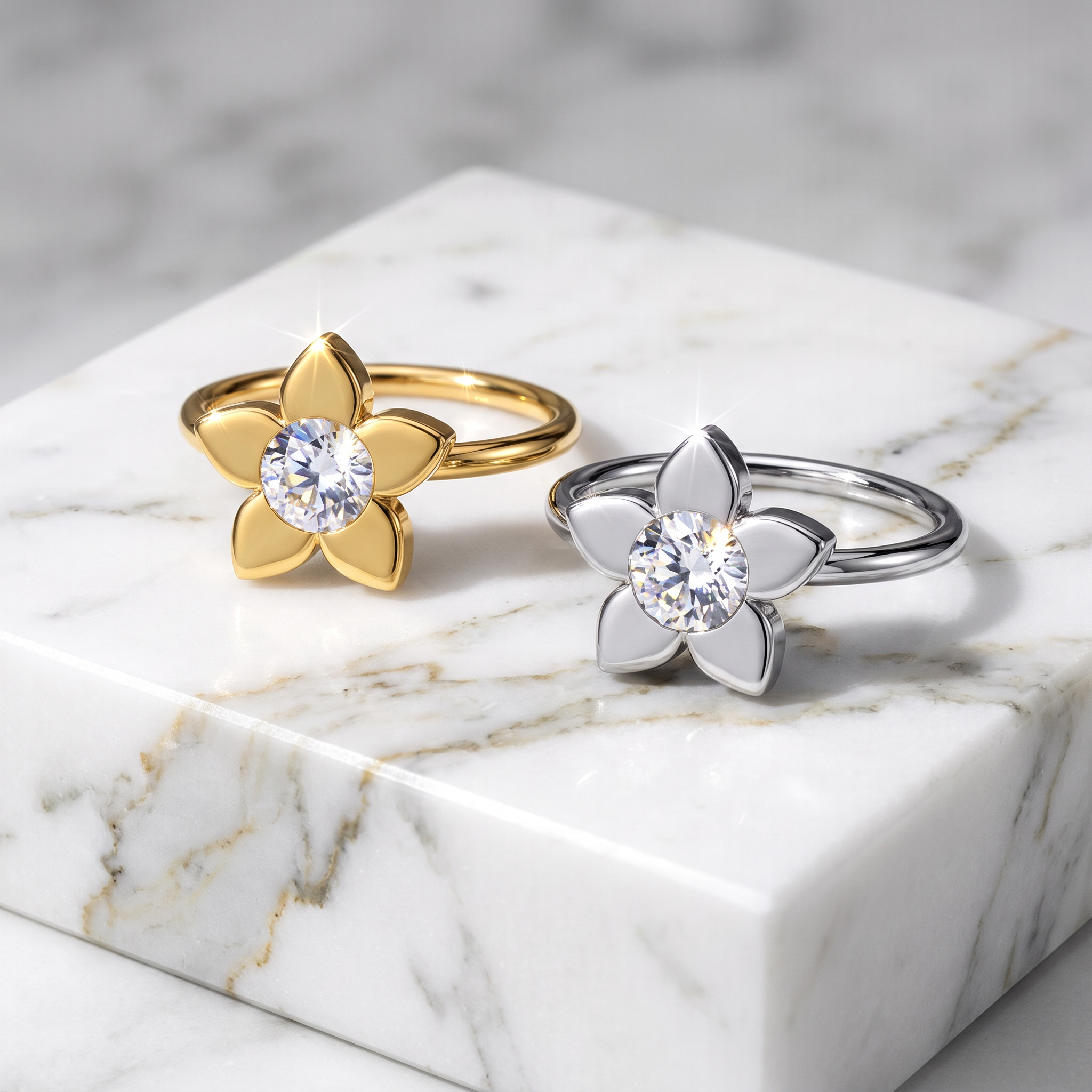 Two flower-shaped rings with round clear gemstones, one in yellow gold and one in silver, displayed on a white marble block.