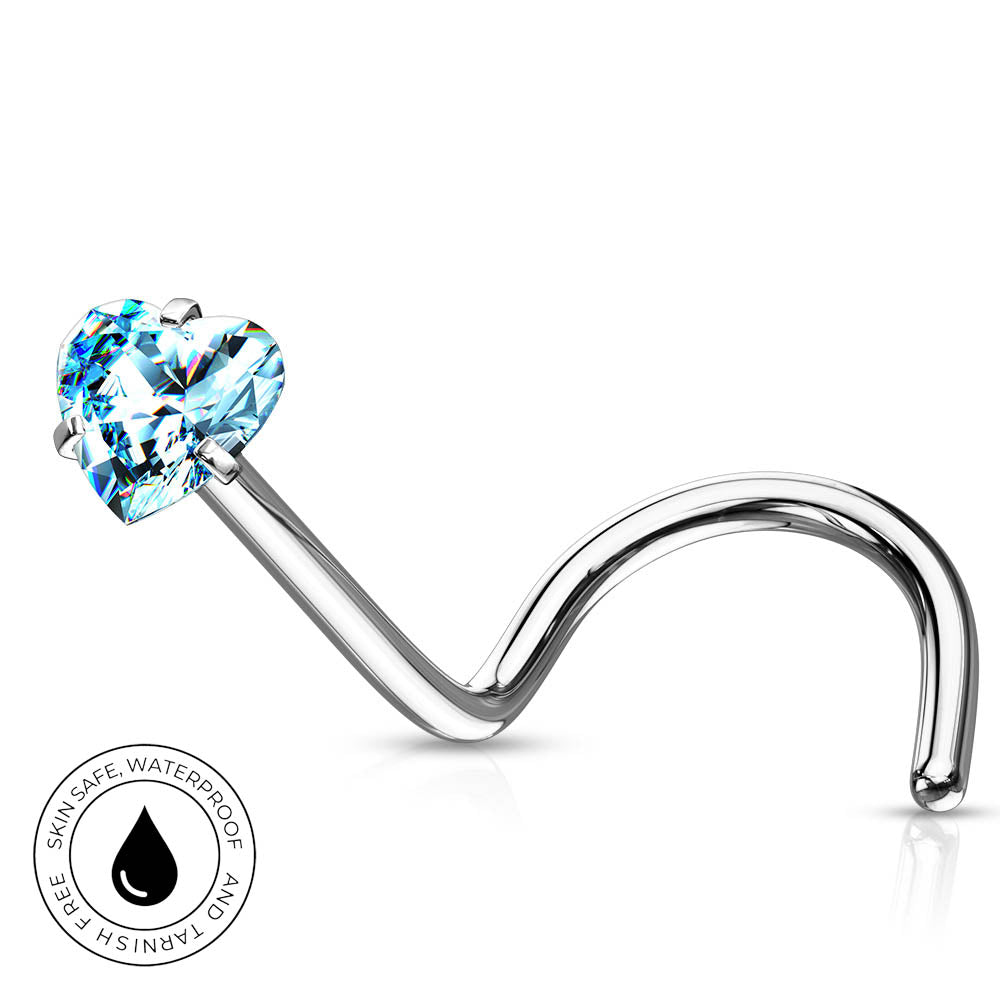 A curved silver-toned nose ring with a faceted light blue heart-shaped gemstone, shown on a clean white background with a small circular 'skin-safe waterproof' badge in the lower left.