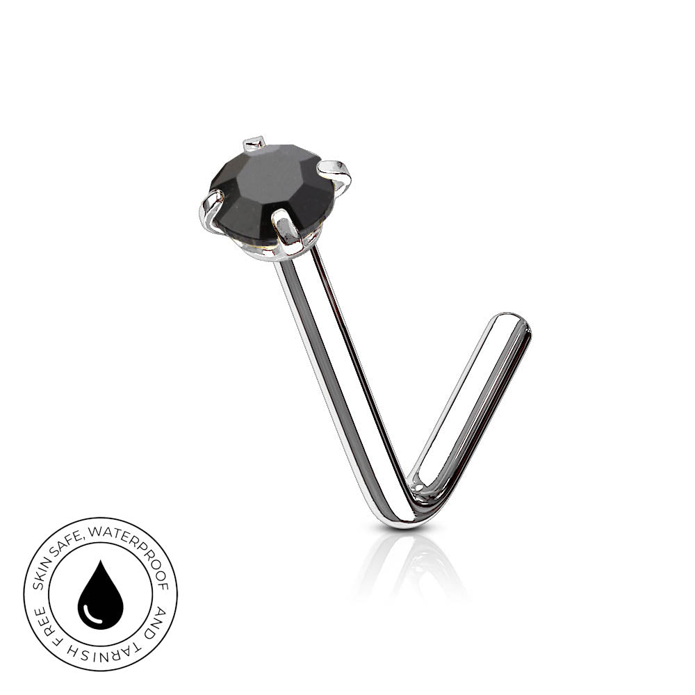 A silver-toned curved barbell piercing stud with a faceted black gemstone, shown on a clean white background with a reflection. A circular 'Skin Safe Waterproof' badge is visible in the bottom-left corner.