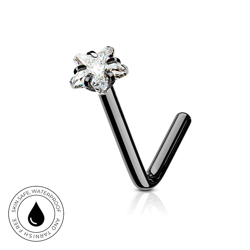 A black metal curved barbell-style body jewelry piece with a clear faceted gemstone at the top, shown on a white background with a small circular skin-safe waterproof badge in the lower left corner.