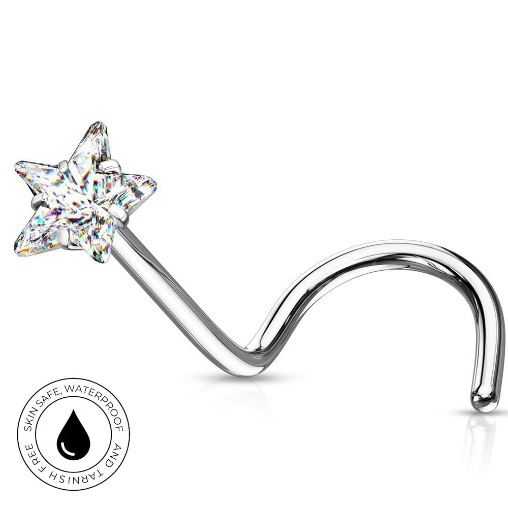 A curved silver-toned nose stud with a five-pointed star-shaped clear gemstone, shown on a white background with a circular 'Skin Safe Waterproof' badge in the lower-left corner.