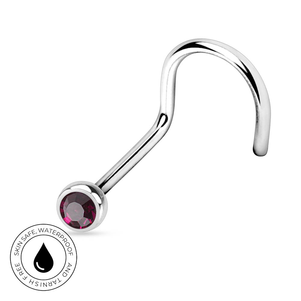 A curved silver-toned labret piercing barbell with a faceted dark pink gemstone, shown on a plain white background with a circular 'Skin Safe Waterproof' badge in the lower-left corner.