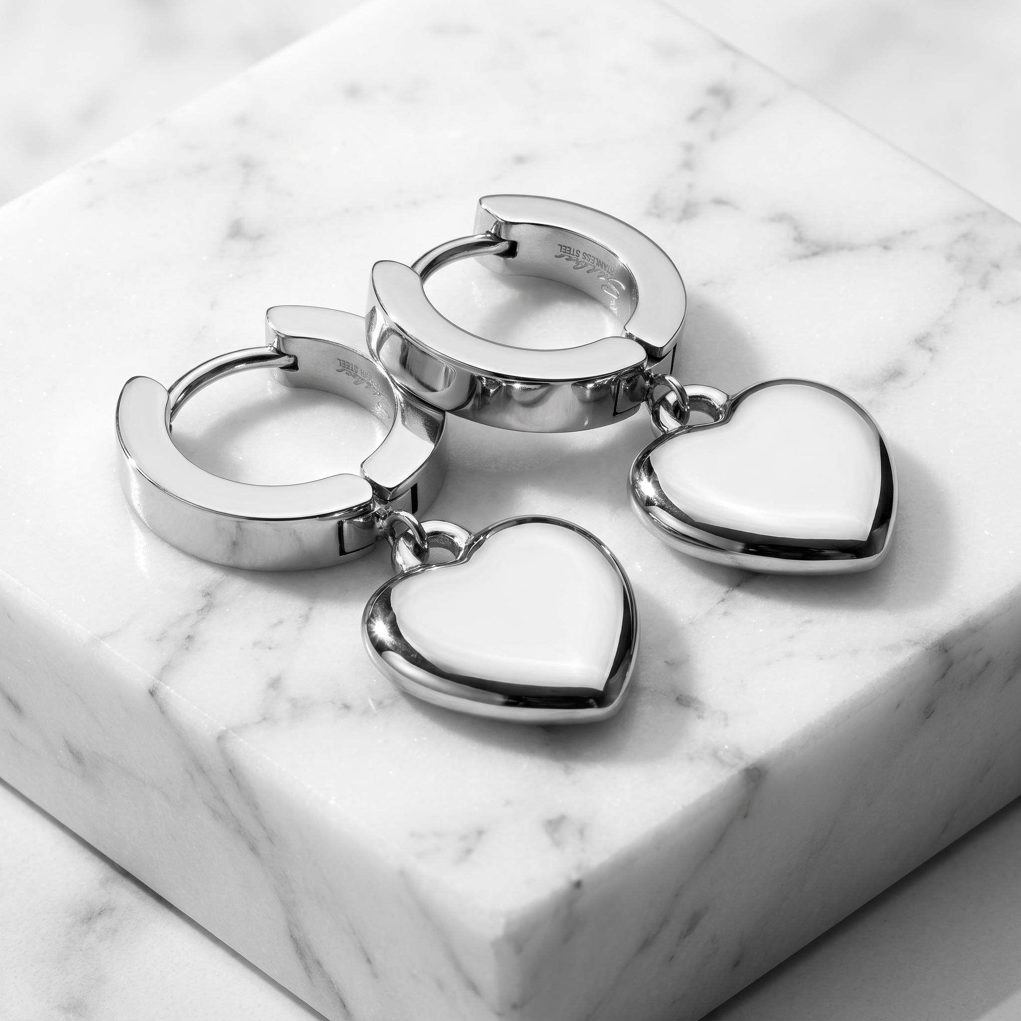 20 Gauge Hypoallergenic Dangling Heart Huggie Hoop Earrings