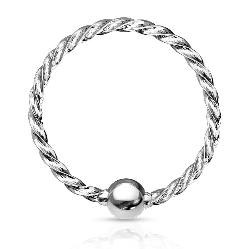 Silver bracelet with twisted design and round bead on a white background