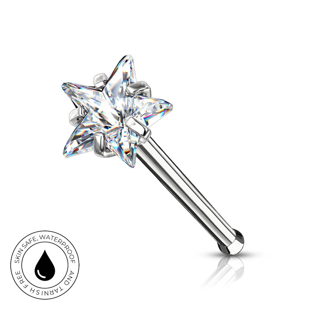 A silver-toned star-shaped nose stud with a clear faceted gemstone, shown on a white background with a small circular 'SkinSafe Waterproof' badge in the lower left corner.