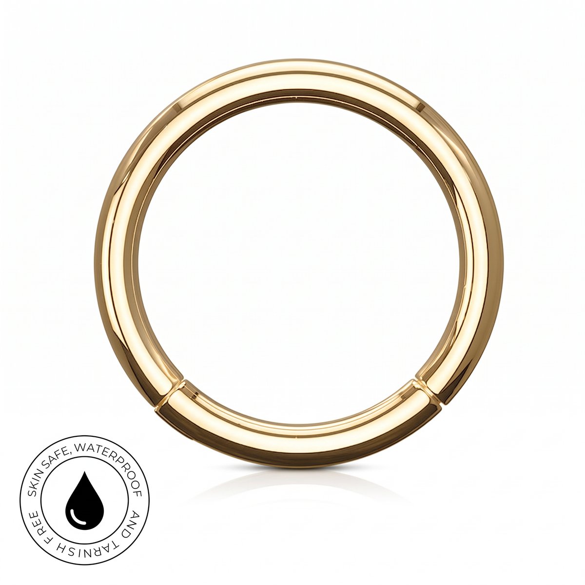 A polished gold-plated circular ring clasp, shown on a clean white background with a small circular graphic badge in the bottom-left corner that reads 'SKINSAFE WATERPROOF' with a black teardrop icon.