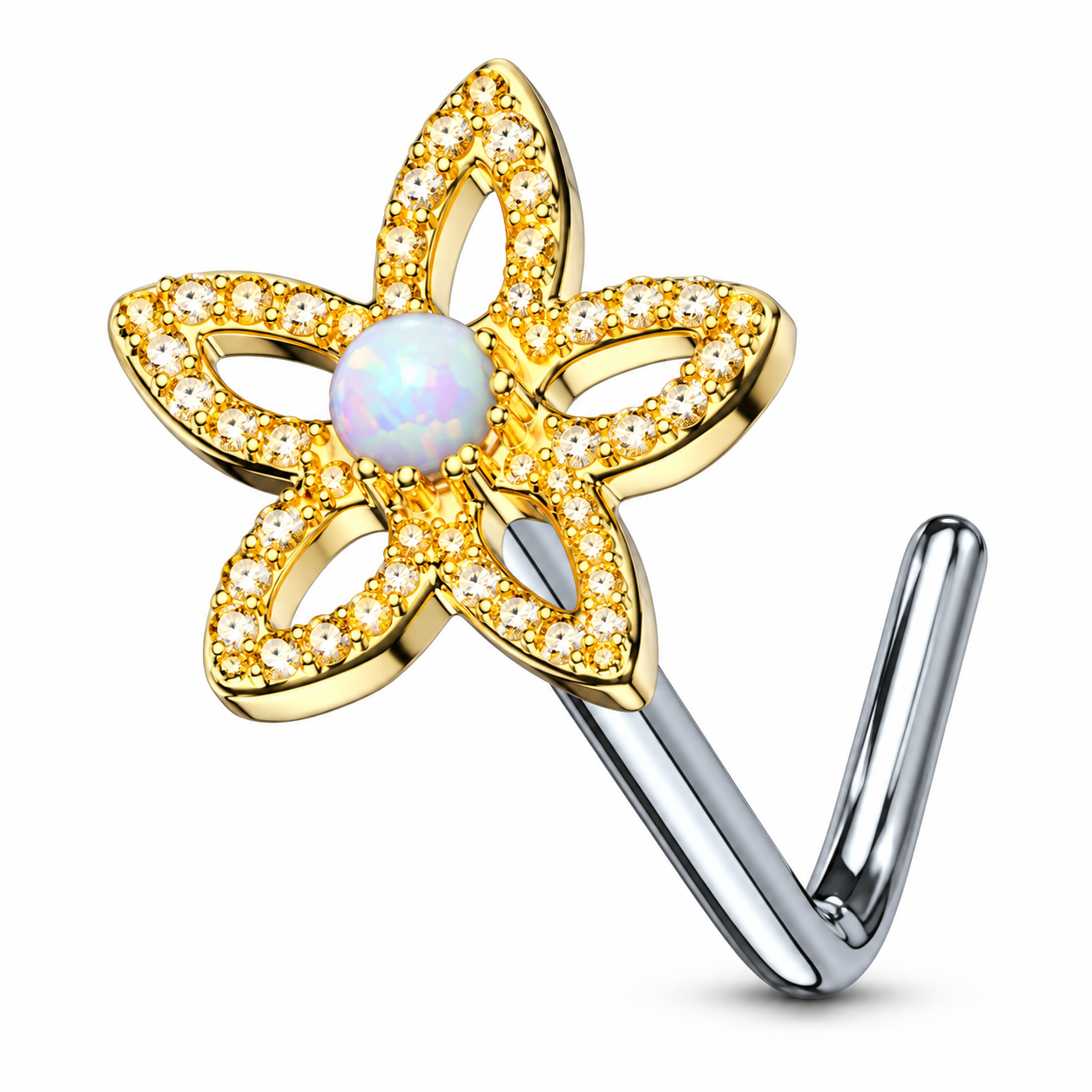 A gold flower-shaped body jewelry piece with a central iridescent white opal and clear rhinestone accents, attached to a silver hook, shown on a white background.