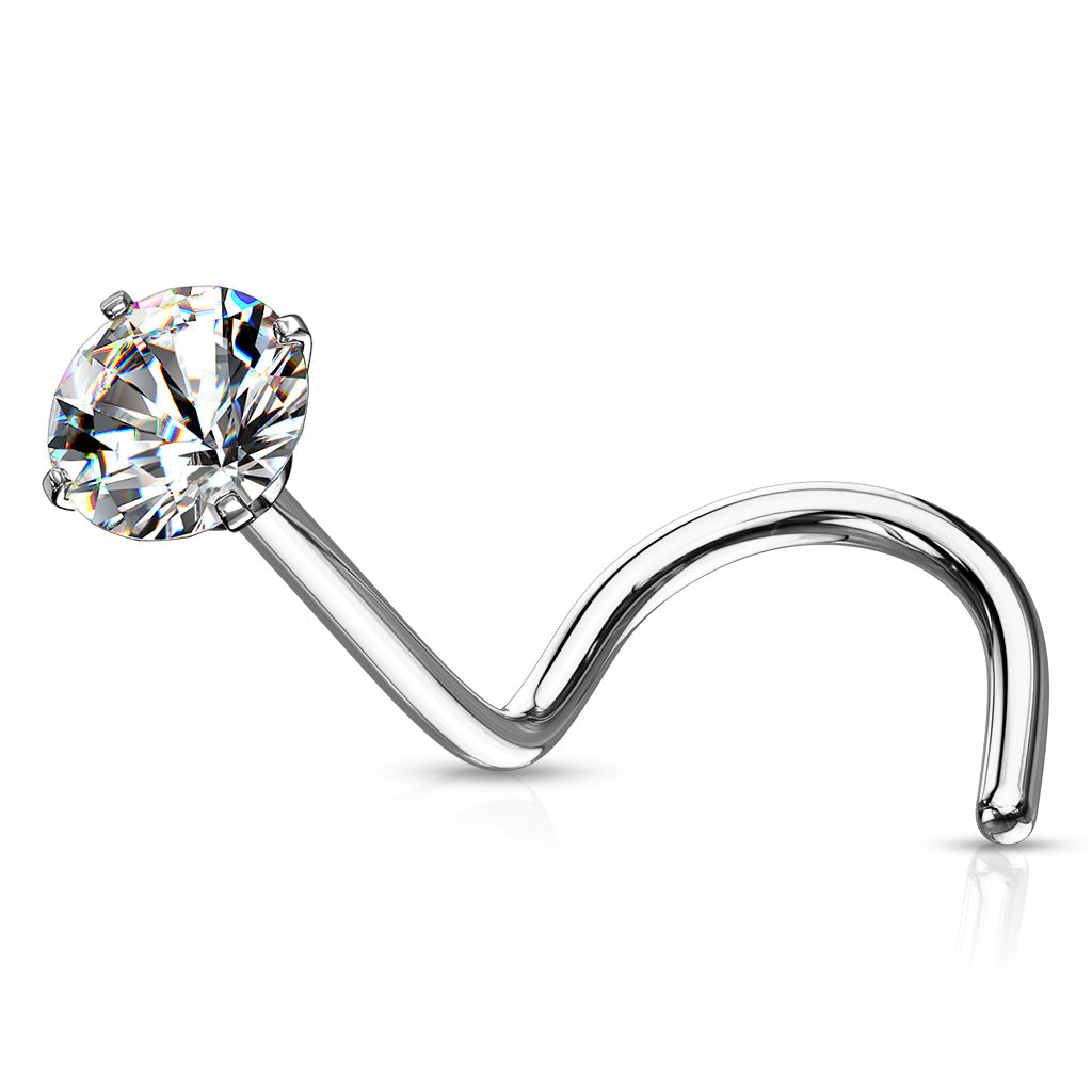 A curved barbell nose ring featuring a single round-cut clear gemstone in a prong setting on a polished silver-tone metal band, shown against a plain white background.