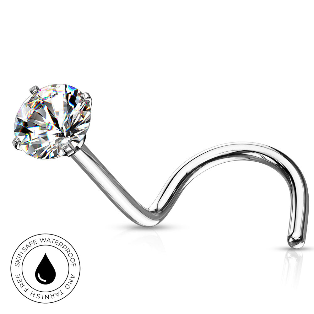 A curved silver-toned nose ring with a large, round-cut clear gemstone in a prong setting, shown on a white background with a small circular 'SkinSafe Waterproof' badge in the lower-left corner.