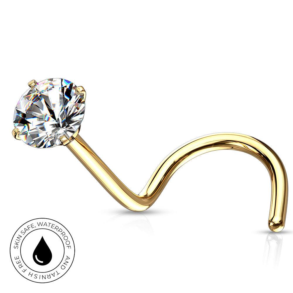 A curved gold nose stud with a large round clear gemstone, shown on a white background with a 'Skin Safe Waterproof' badge in the lower-left corner.
