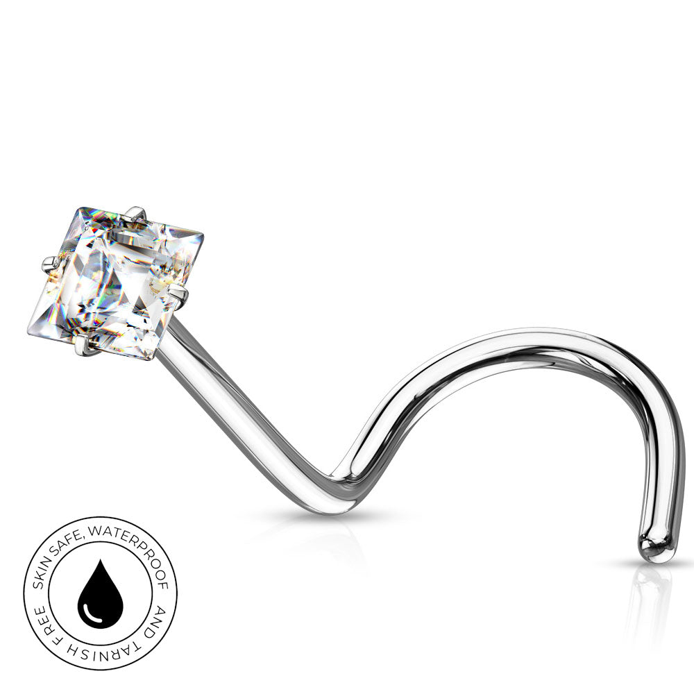 A curved silver nose ring with a square-cut clear gemstone, shown on a white background with a 'SkinSafe Waterproof' badge in the lower-left corner.
