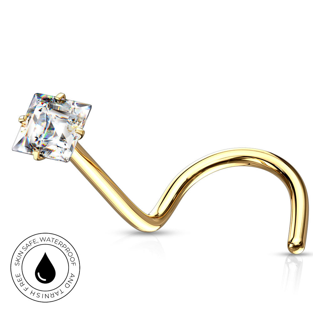 A curved gold nose stud with a square-cut clear gemstone, shown on a white background with a circular 'Skincare Safe Waterproof' badge in the lower-left corner.