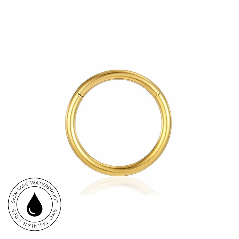 A gold-plated skin-safe waterproof ring clasp, shown on a clean white background with a subtle reflection. A circular badge in the bottom-left corner highlights its skin-safe, waterproof, and tarnish-free qualities.