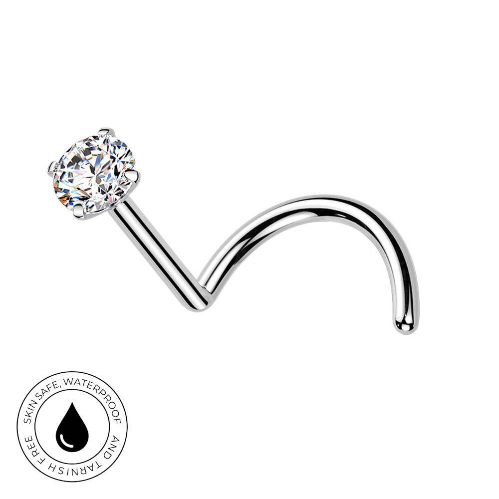A curved barbell nose stud with a round clear gemstone in a four-prong setting, finished in polished silver-tone metal. A circular badge in the bottom-left corner reads 'SKINSAFE WATERPROOF' with a water droplet icon.