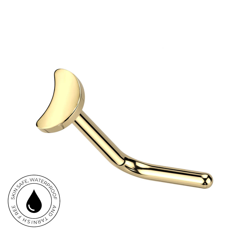 A gold-plated curved barbell stud with a crescent-shaped end, shown on a plain white background with a circular 'Skin Safe Waterproof' badge in the bottom-left corner.