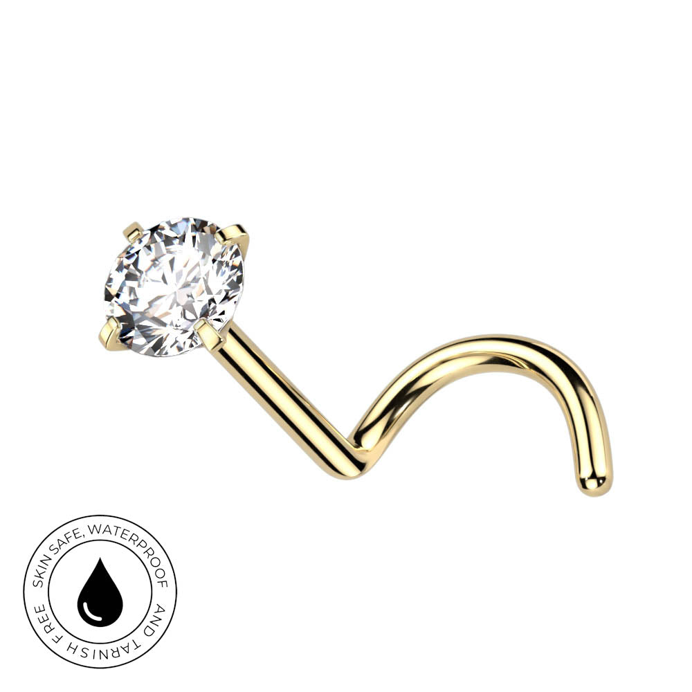 20 Gauge Titanium Prong Set Crystal Screw Nose Stud - GOLD