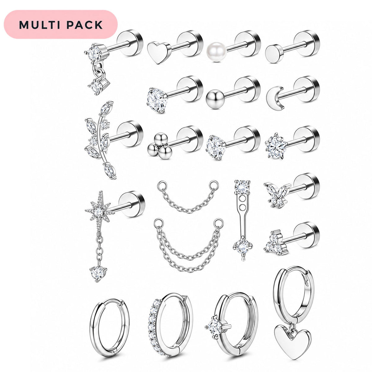 A 16-piece multi-pack of silver-toned ear piercings and hoop earrings displayed on a clean white background. The set includes various studs with crystal, pearl, and bead details, chain links, and huggie hoops, with a pink 'MULTI PACK' label in the top left corner.