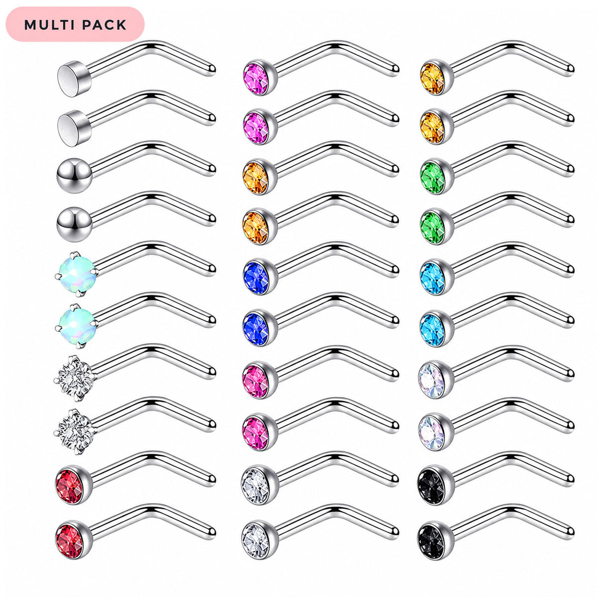 A multi-pack of curved barbell nose jewelry on a white background, arranged in a grid. The pack includes various metal finishes and gemstone settings: silver-toned, yellow gold, rose gold, white gold, pink, purple, green, blue, red, clear, and black stones.