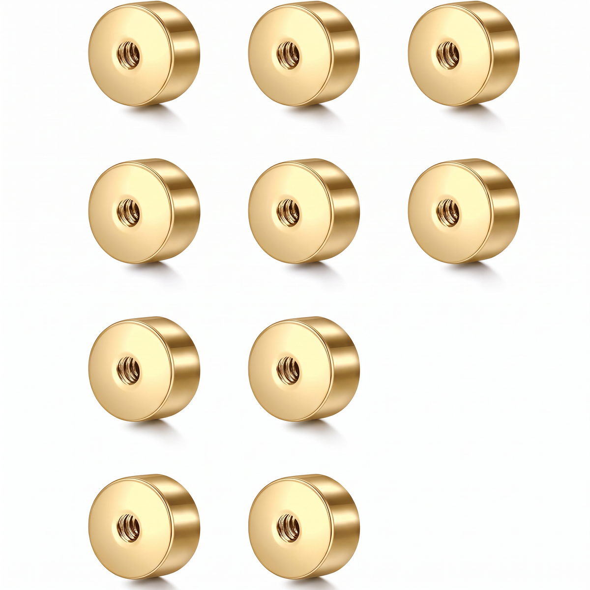 Nine gold-colored metal round hardware pieces with threaded holes, arranged in a grid on a white background.