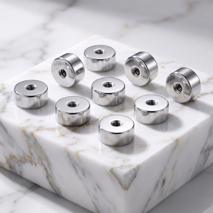 Eight silver metallic cylindrical hardware pieces with threaded holes, arranged on a white marble display block against a marble surface.