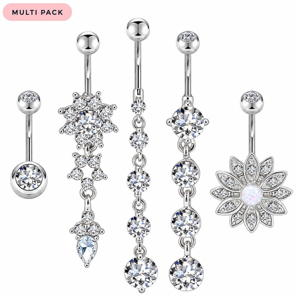 A six-piece silver belly button ring set featuring various crystal and gemstone designs, including round bezel settings, dangling teardrop chains, and floral starburst patterns. The set is displayed on a clean white background with a pink 'MULTI PACK' label in the top left corner.