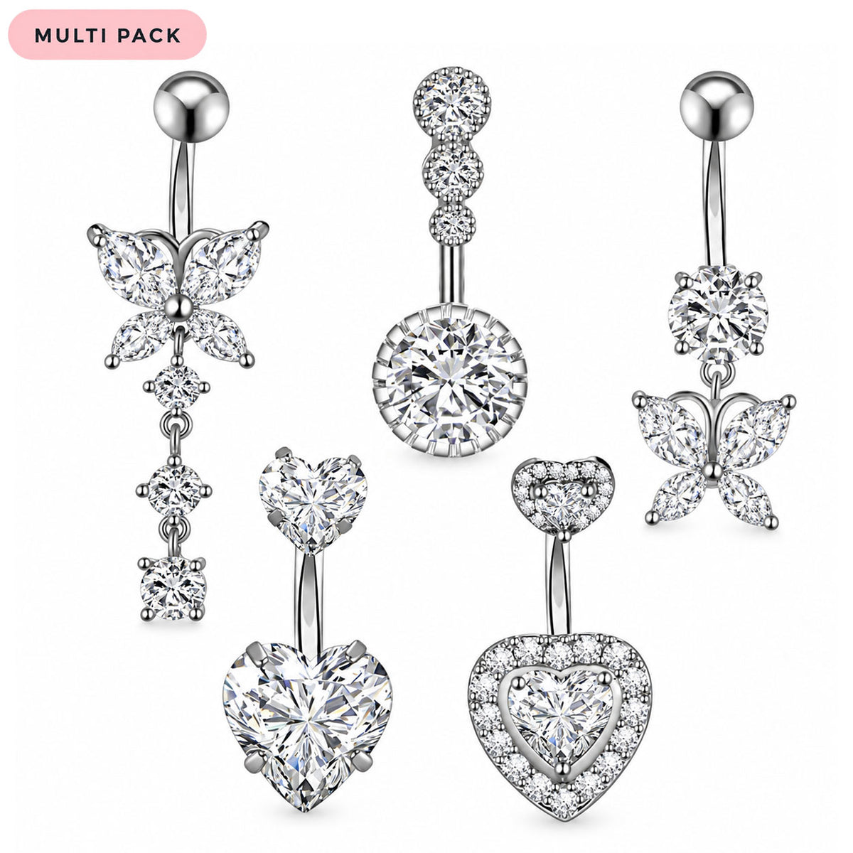 Six silver-toned belly button ring piercings with clear cubic zirconia stones, including butterfly, heart, and round-cut designs, displayed on a white background with a pink 'MULTI PACK' label.