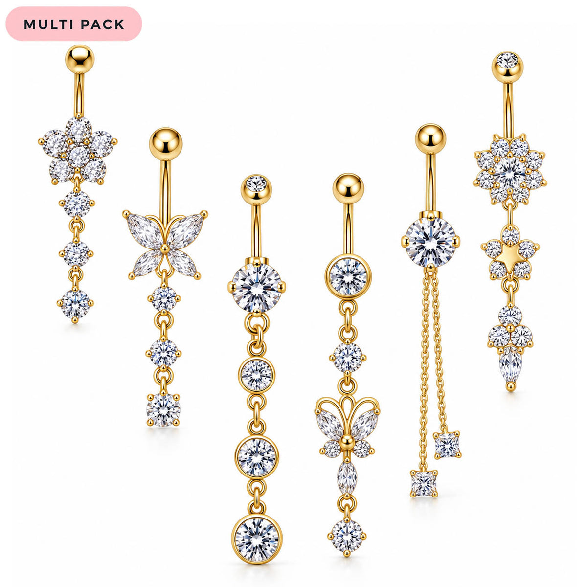 A set of six gold-plated navel jewelry piercings with clear rhinestones, featuring designs like flowers, butterflies, stars, and dangling chains, displayed on a white background with a pink 'MULTI PACK' label.