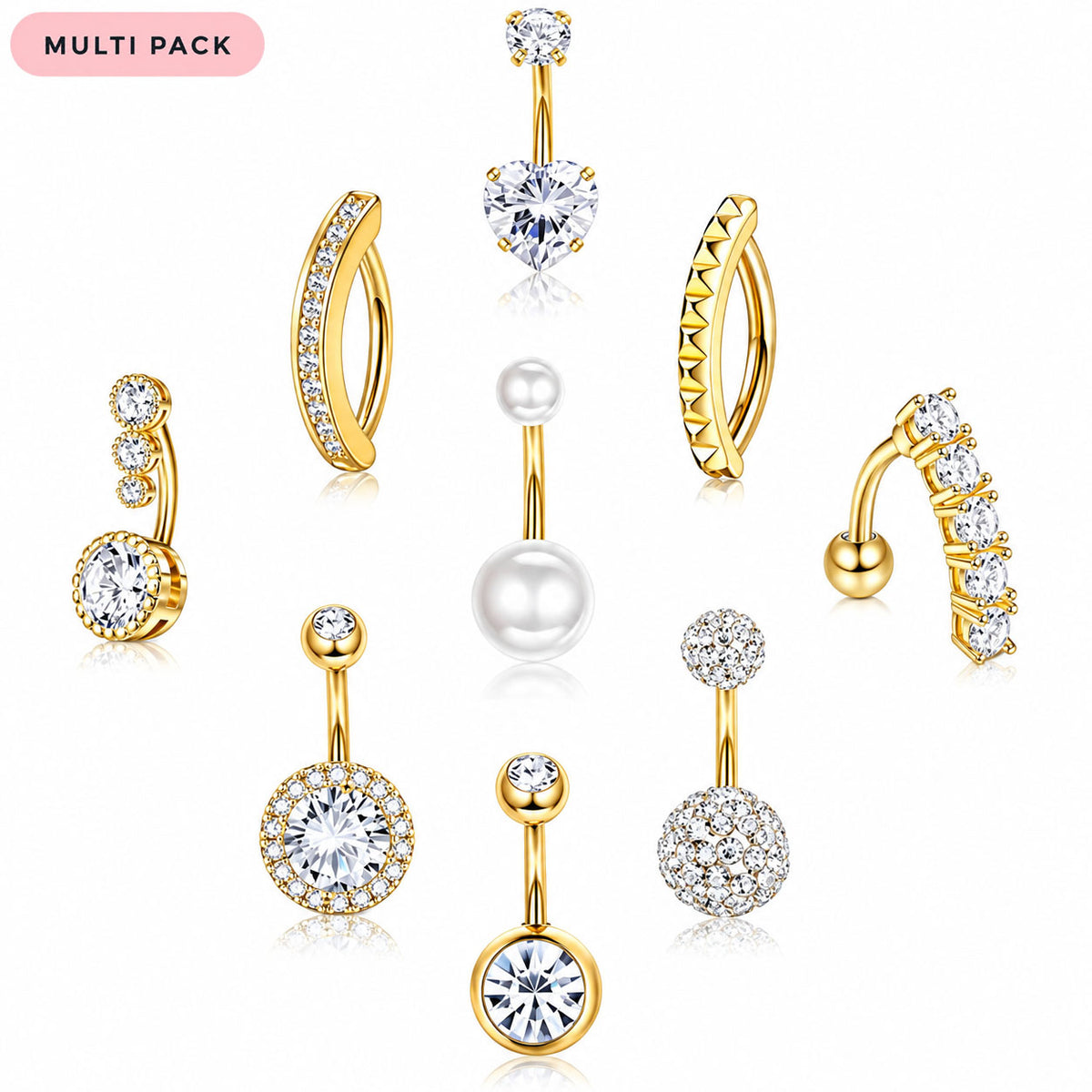 A multi-pack of gold-plated belly button rings and ear cuffs with clear gemstones and one pearl, displayed on a clean white background with a 'MULTI PACK' label in the top left corner.