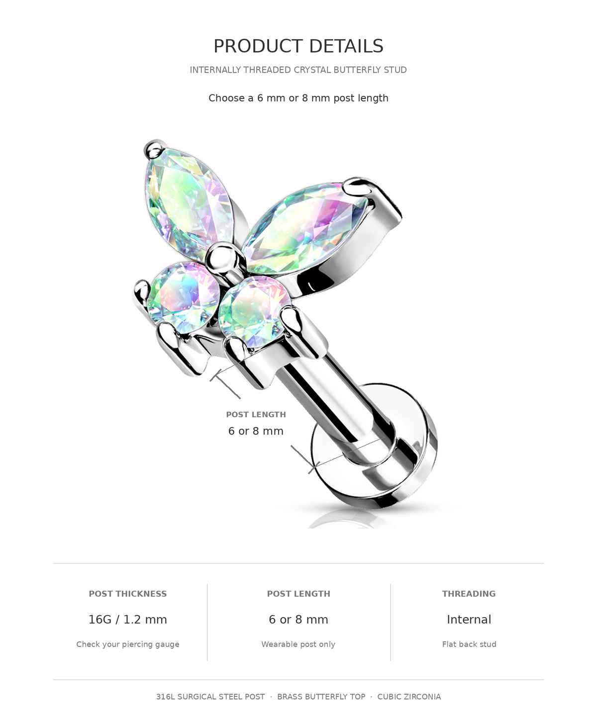 Product details graphic for a butterfly-shaped crystal belly button stud. The image shows the silver-toned metal post with three iridescent rhinestone butterfly wings, labeled text for post length (6 or 8 mm), post thickness (16G/1.