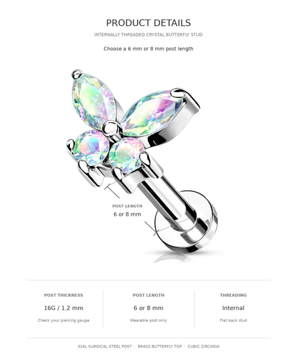 Product details graphic for a butterfly-shaped crystal belly button stud. The image shows the silver-toned metal post with three iridescent rhinestone butterfly wings, labeled text for post length (6 or 8 mm), post thickness (16G/1.