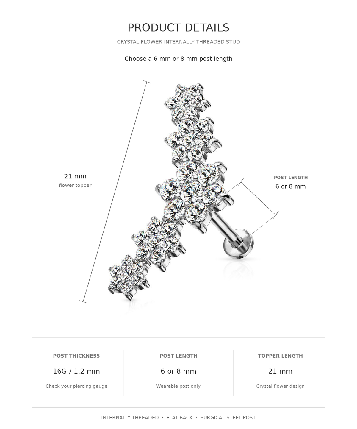 Product details diagram for a crystal flower internally threaded stud piercing jewelry, showing dimensions of 21 mm flower topper and 6 or 8 mm post length on a white background.