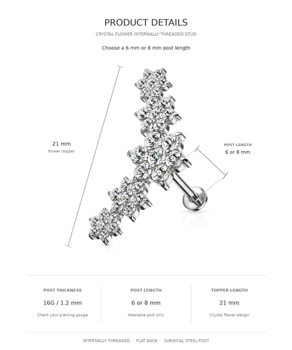 Product details diagram for a crystal flower internally threaded stud piercing jewelry, showing dimensions of 21 mm flower topper and 6 or 8 mm post length on a white background.