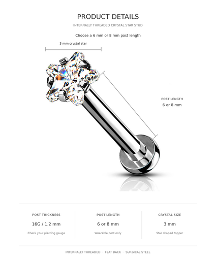 Product details graphic for an internally threaded crystal star stud piercing jewelry, showing a 3 mm crystal star and a 6 mm post length with labeled dimensions and material information on a white background.